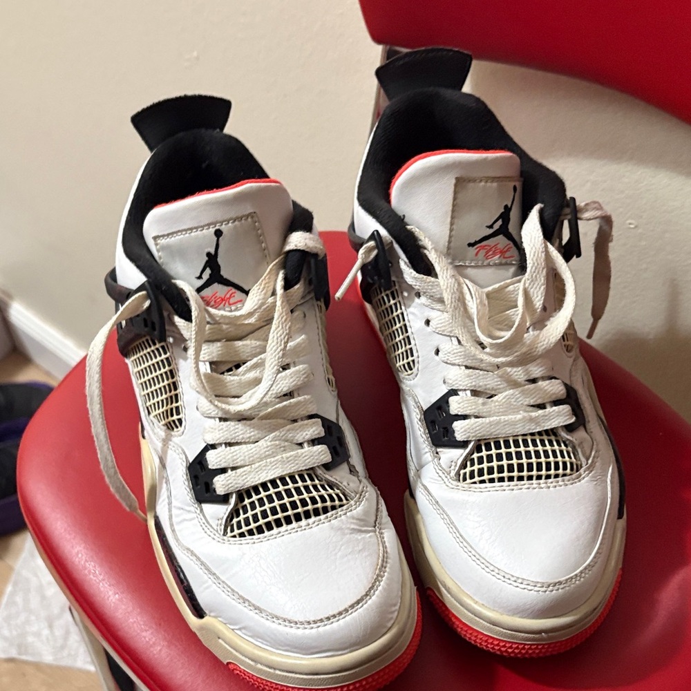 Jordan 4 White and Black Sneakers with Red Accents size 6Y